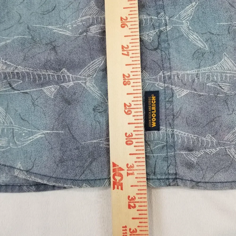 Vintage Woolrich Shirt Mens 2XL Blue Fish Print Button Down Short Sleeve Fishing